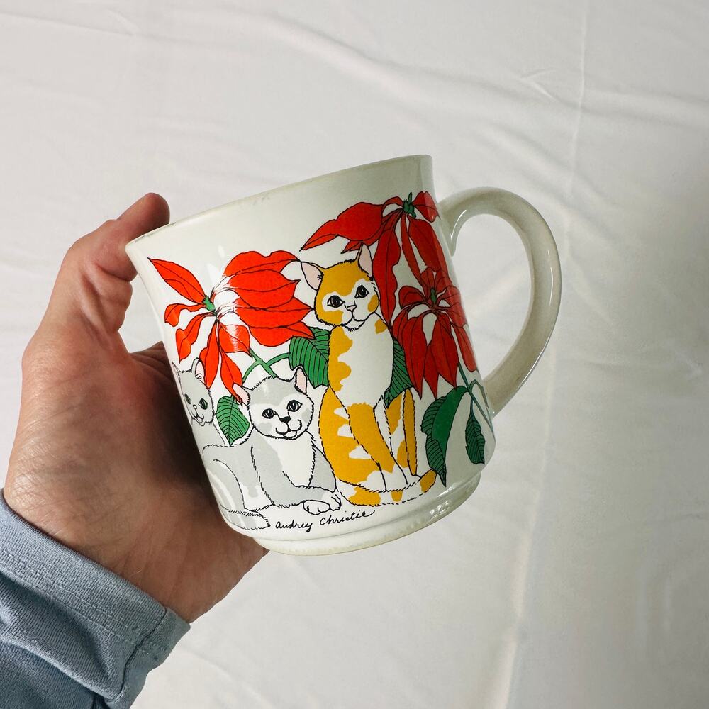 Vintage Recycled Paper Products Audrey Christie Christmas Cats & Poinsettias Mug